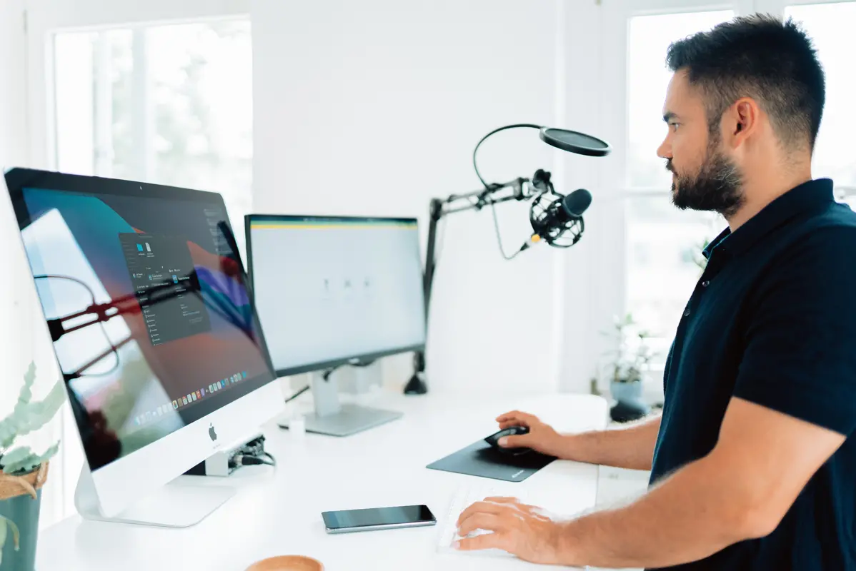 Influencer speaking into microphone 